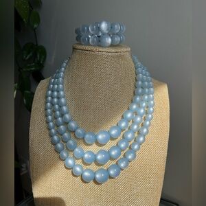 Moonglow .. Elegant Light Blue Beaded 3-Strand Necklace & Bracelet Set